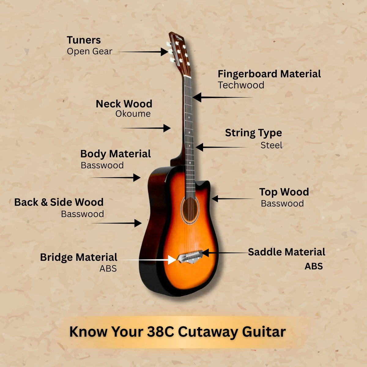 Henrix 38c 38 inch Cutaway Acoustic Guitar