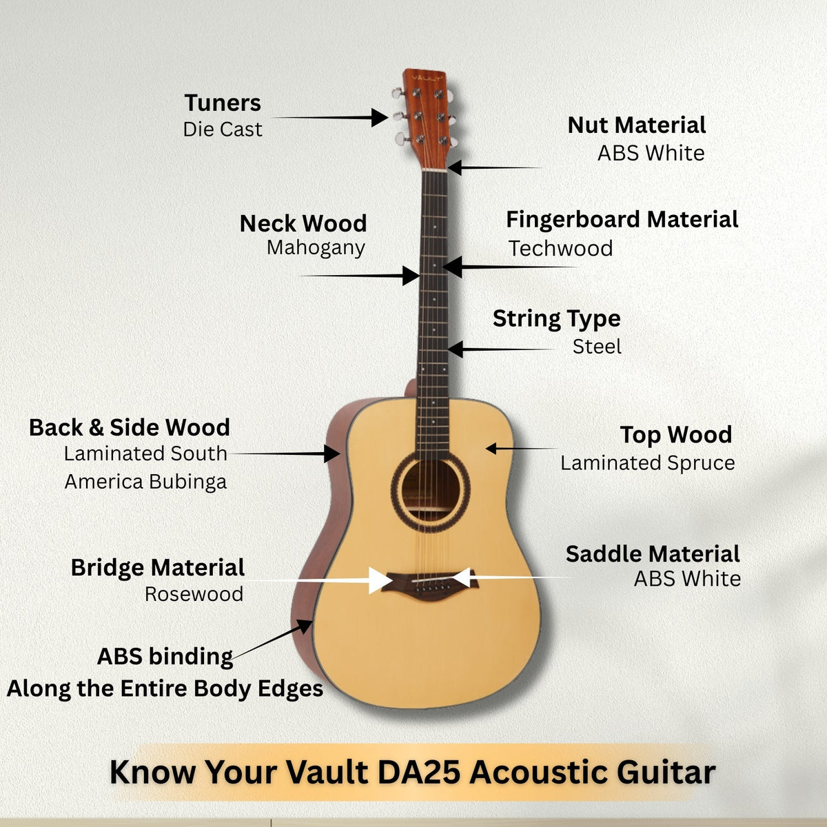 Vault DA25 Dreadnought Shape Acoustic Guitar with Bubinga Back and Sides