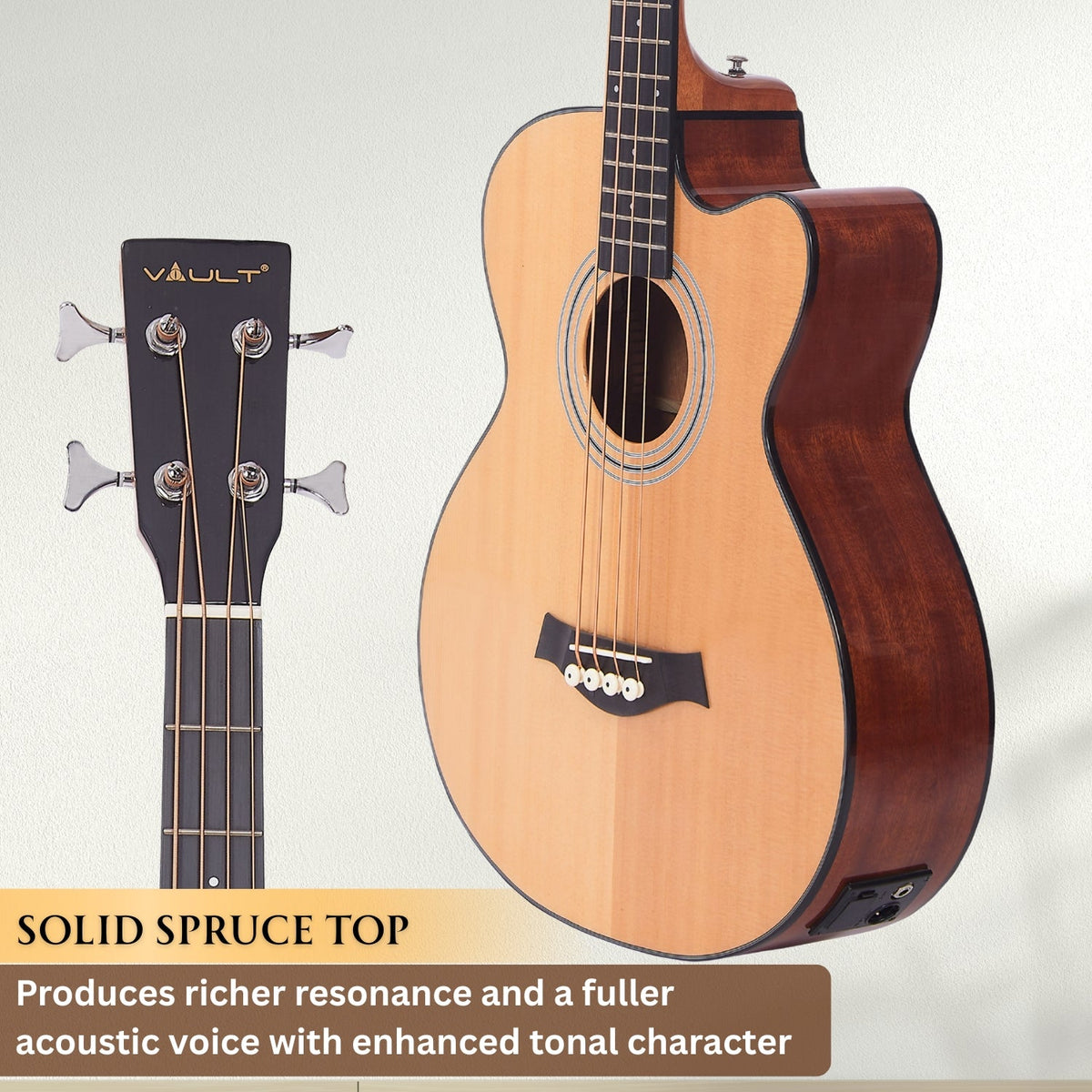 Vault EB40CE 4 String Solid-Top Acoustic Bass Guitar With EQ and Padded Gigbag - 34" Long Scale Length - Open Box