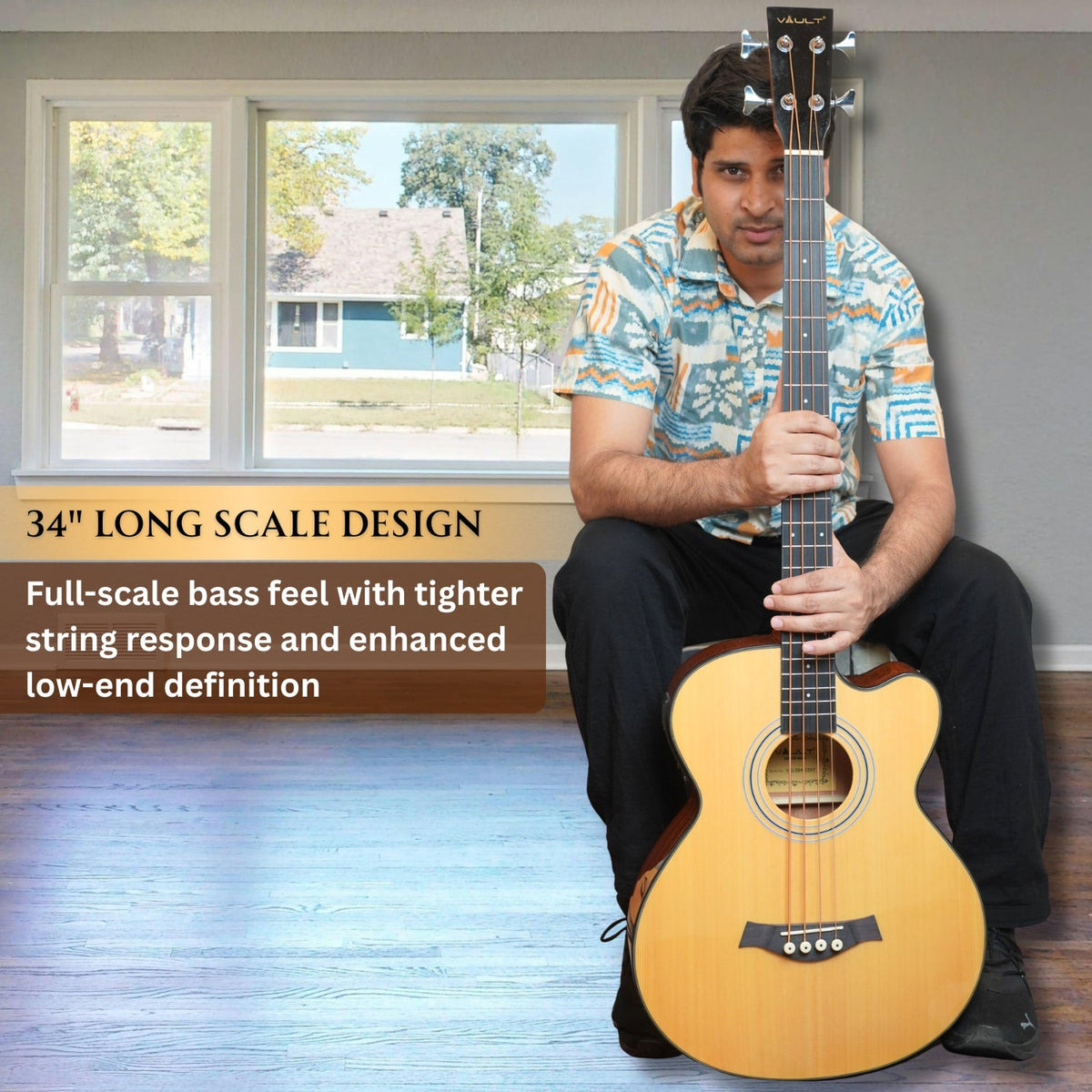 Vault EB40CE 4 String Solid-Top Acoustic Bass Guitar With EQ and Padded Gigbag - 34" Long Scale Length - Open Box