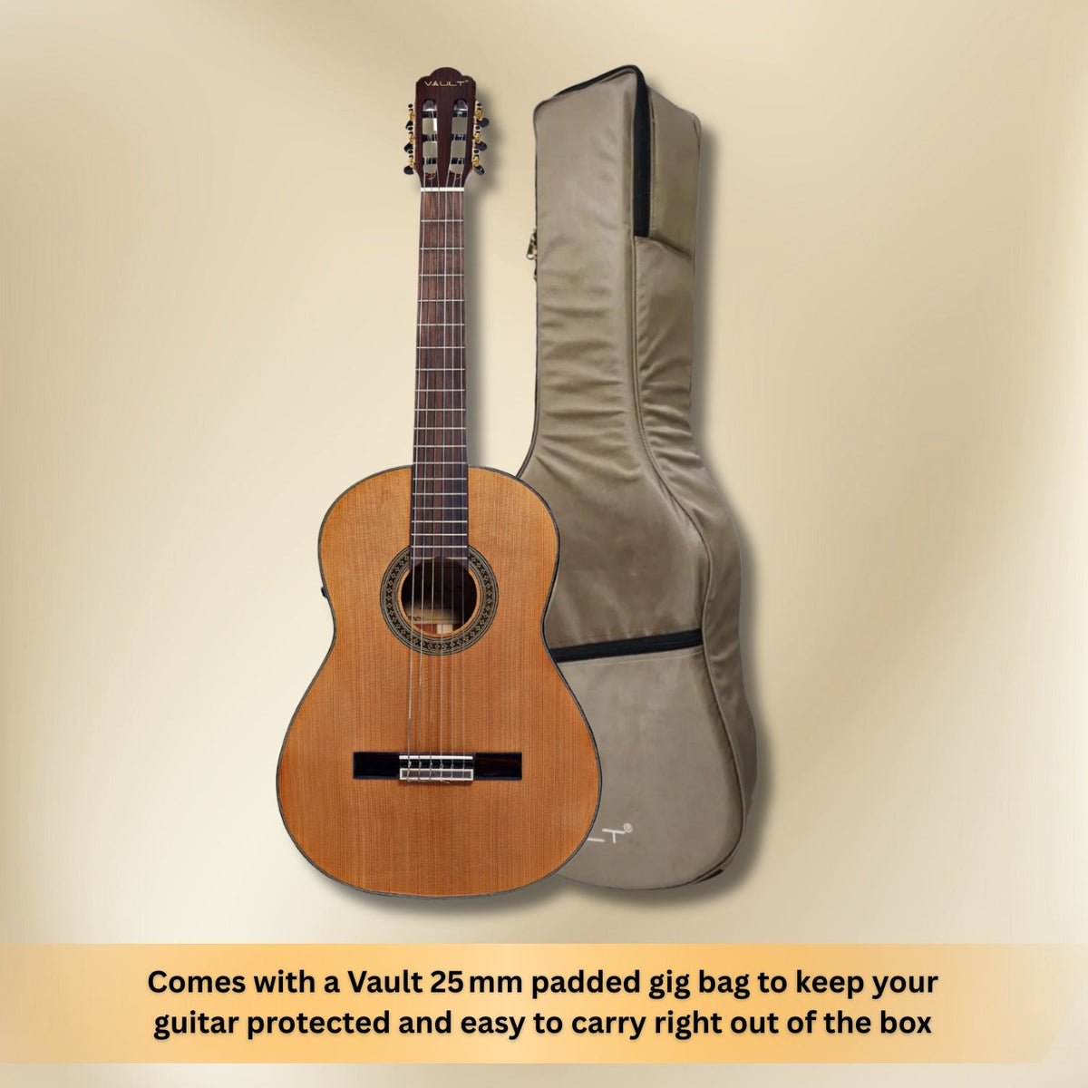 Vault Performer Pro Premium Classical Guitar with All Solid wood and Transacoustic EQ with Delay, Reverb, Chorus onboard effects and 25mm Paded Gigbag
