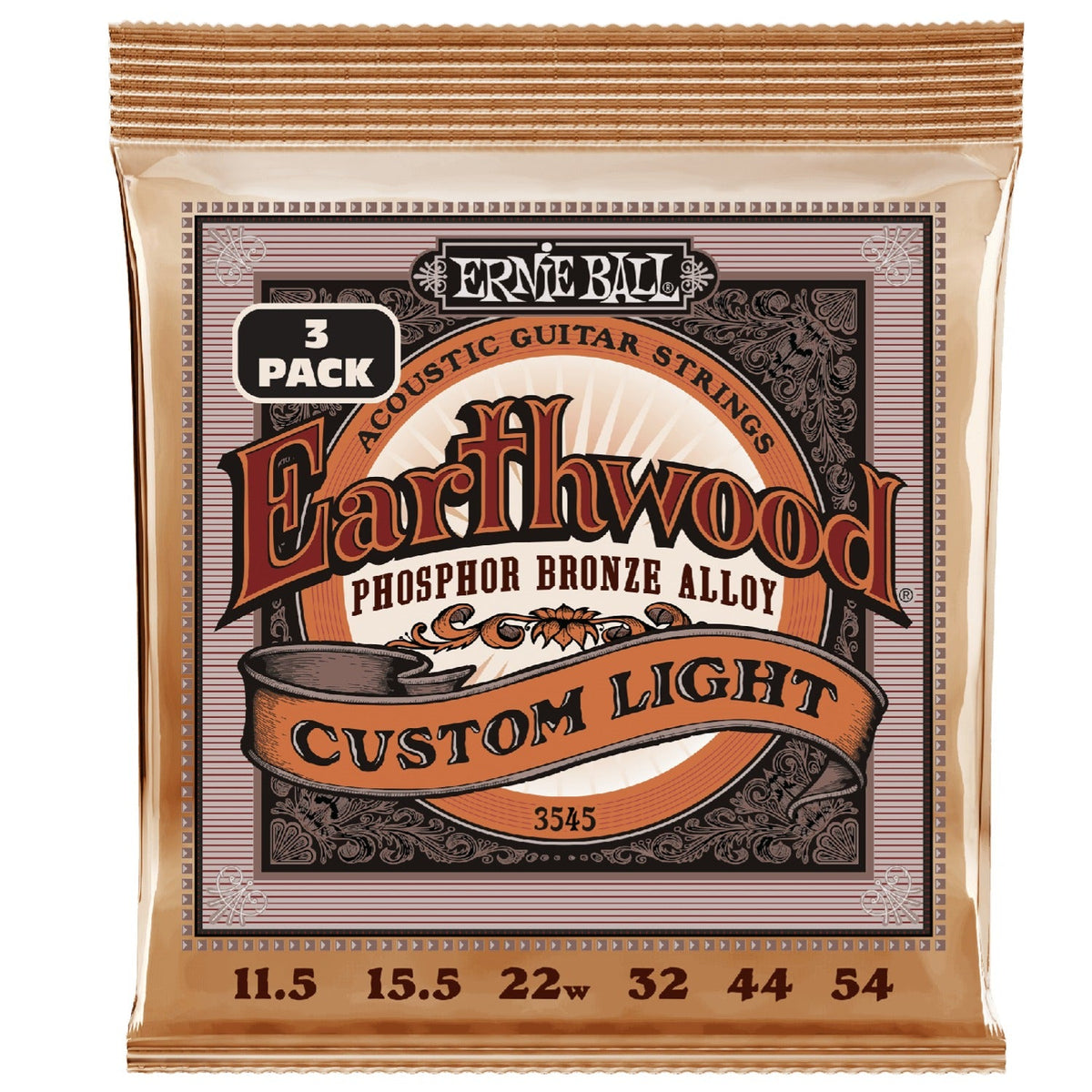 Ernie Ball 3545 Custom Light Earthwood Phosphor Bronze Acoustic Guitar String - 3 Pack - .11.5-.54