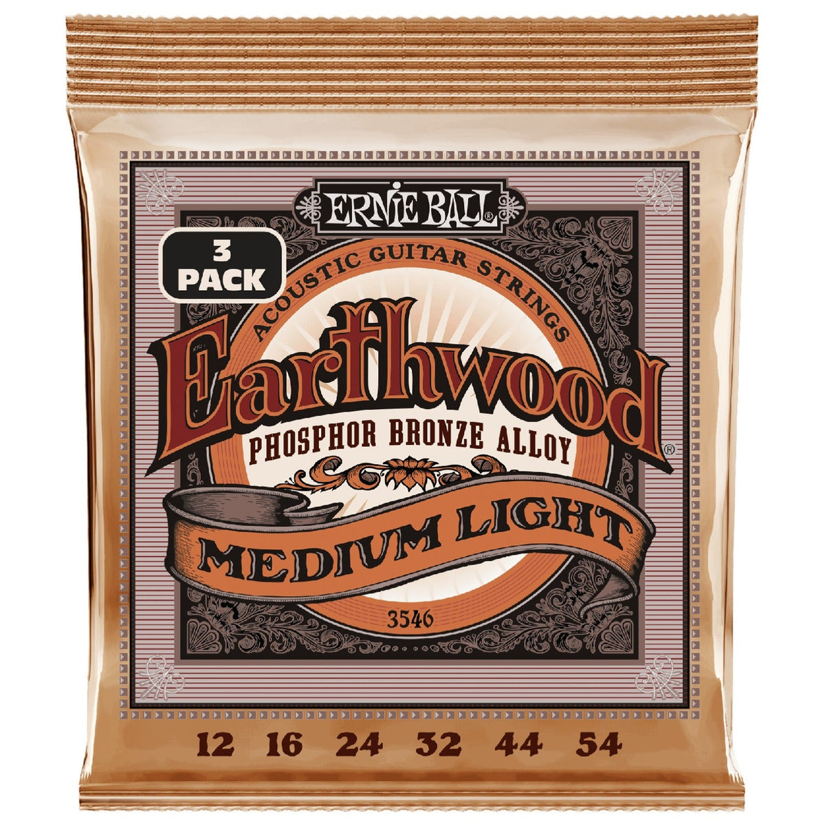 Ernie Ball 3546 Medium Light Earthwood Phosphor Bronze Acoustic Guitar Strings 3 Pack - .12-.54