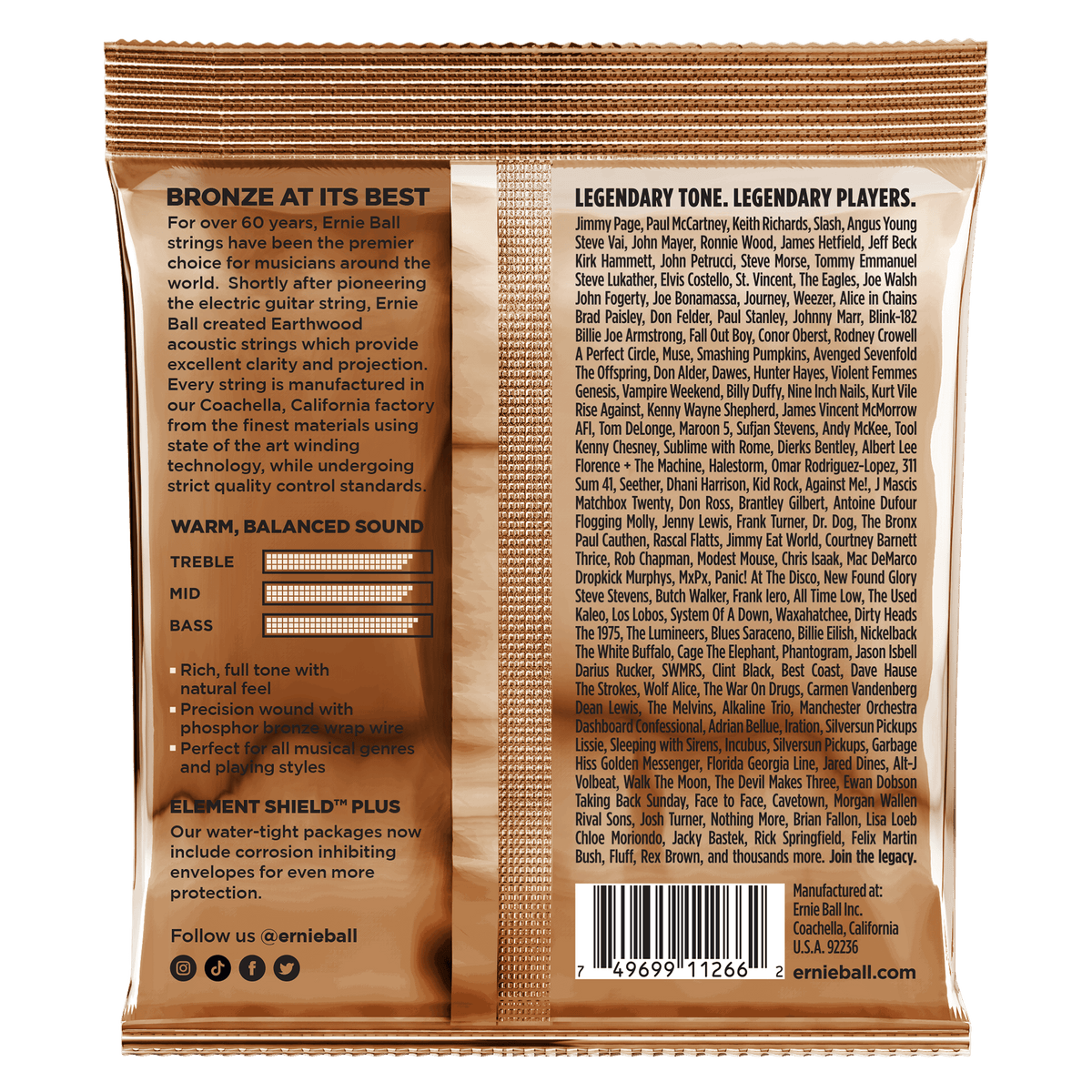 Ernie Ball 3548 Light Earthwood Phosphor Bronze Acoustic Guitar Strings 3 Pack - .11-.52