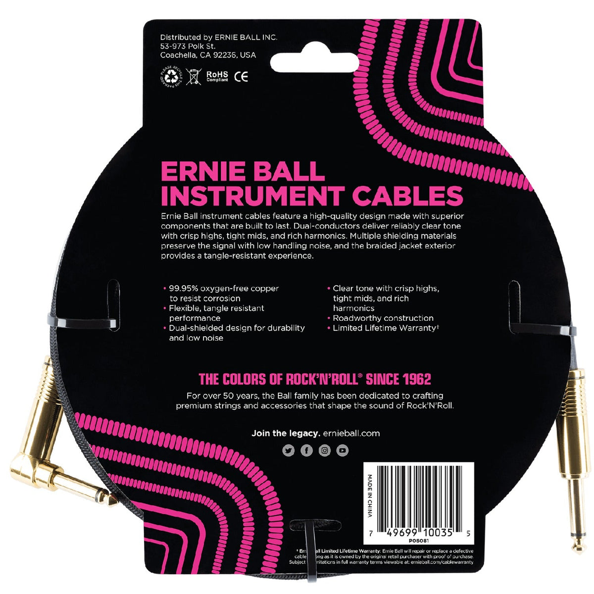 Ernie Ball 10' Braided Straight Angle Instrument Cable