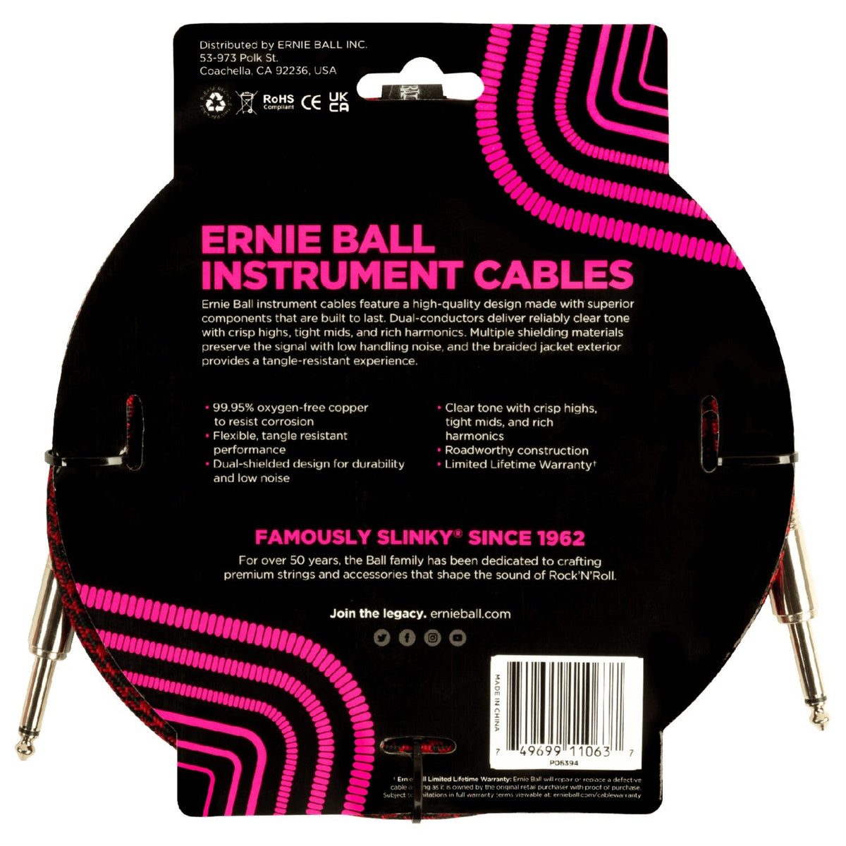 Ernie Ball 6394 10ft Braided Straight Instrument Cable - Red Black
