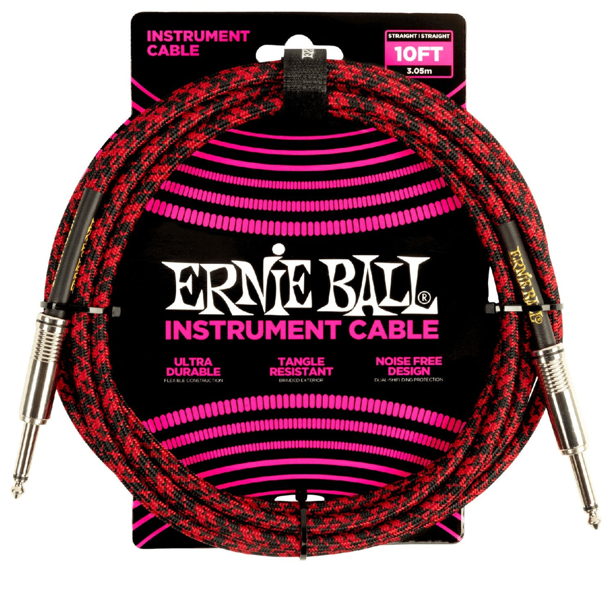 Ernie Ball 6394 10ft Braided Straight Instrument Cable - Red Black