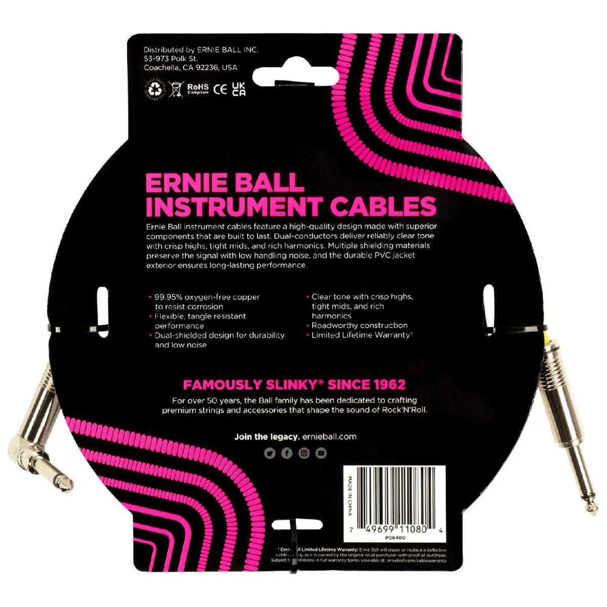 Ernie Ball 6400 15ft PVC Straight Angle Instrument Cable - White