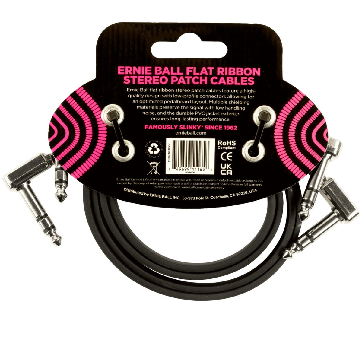 Ernie Ball 6406 24" Flat Ribbon Stereo Patch Cable - Black - Pack of 2