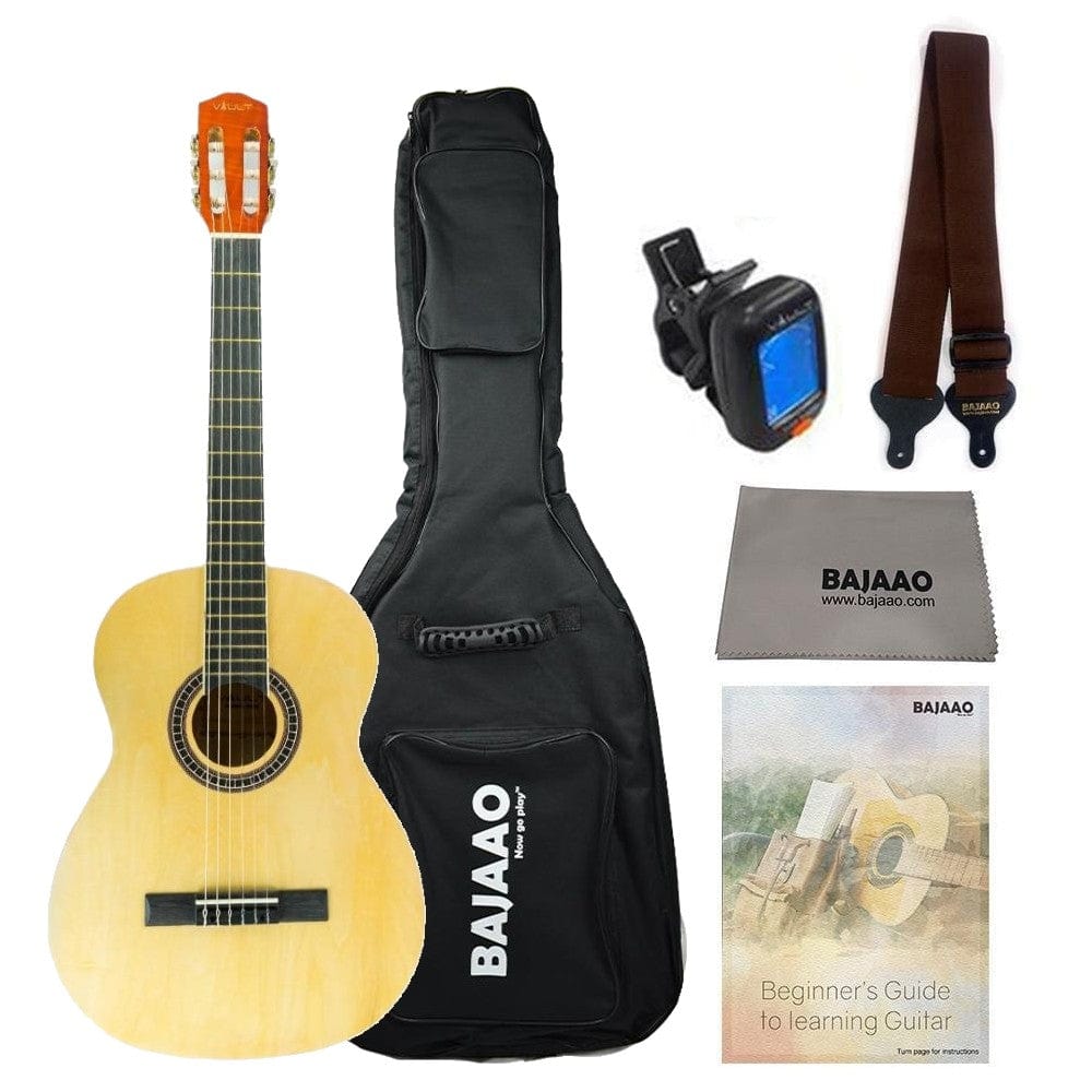 Vault CL-20 4/4 size Classical Guitar with Gigbag, Tuner, Strap, Polishing Cloth & Ebook - Natural Gloss