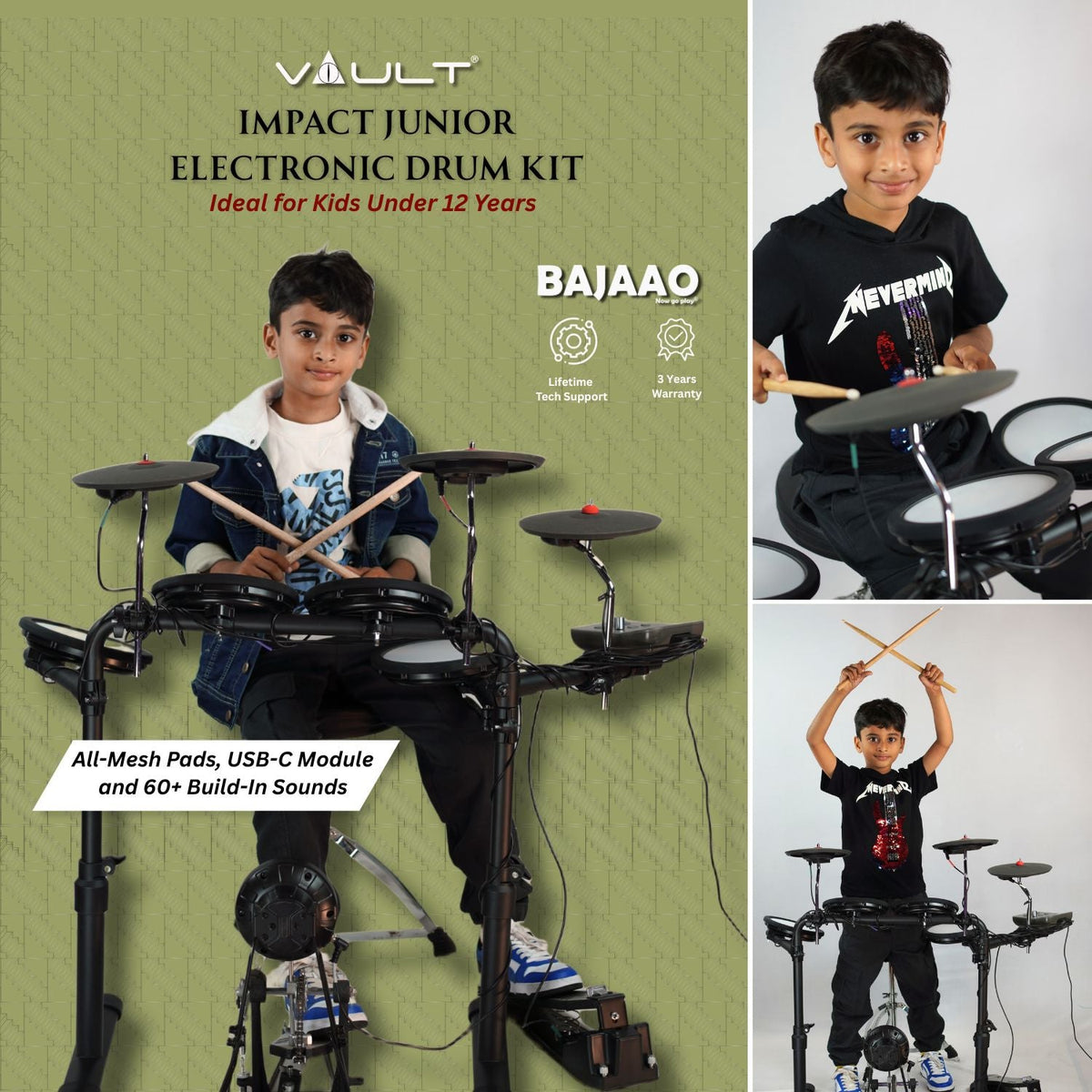 Vault Impact Junior Electronic Drum Kit for Kids & Beginners – All-Mesh Pads, USB-C & 60+ Sounds
