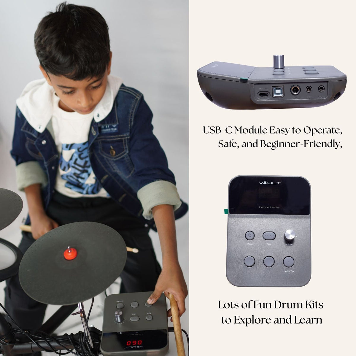 Vault Impact Junior Electronic Drum Kit for Kids & Beginners – All-Mesh Pads, USB-C & 60+ Sounds
