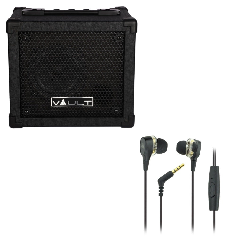 Vault Fury 15 Watt Digital Combo Guitar Amplifier with Effects and 36 pattern Drum Machine with Vault Buds Duo Dual Driver Earphones