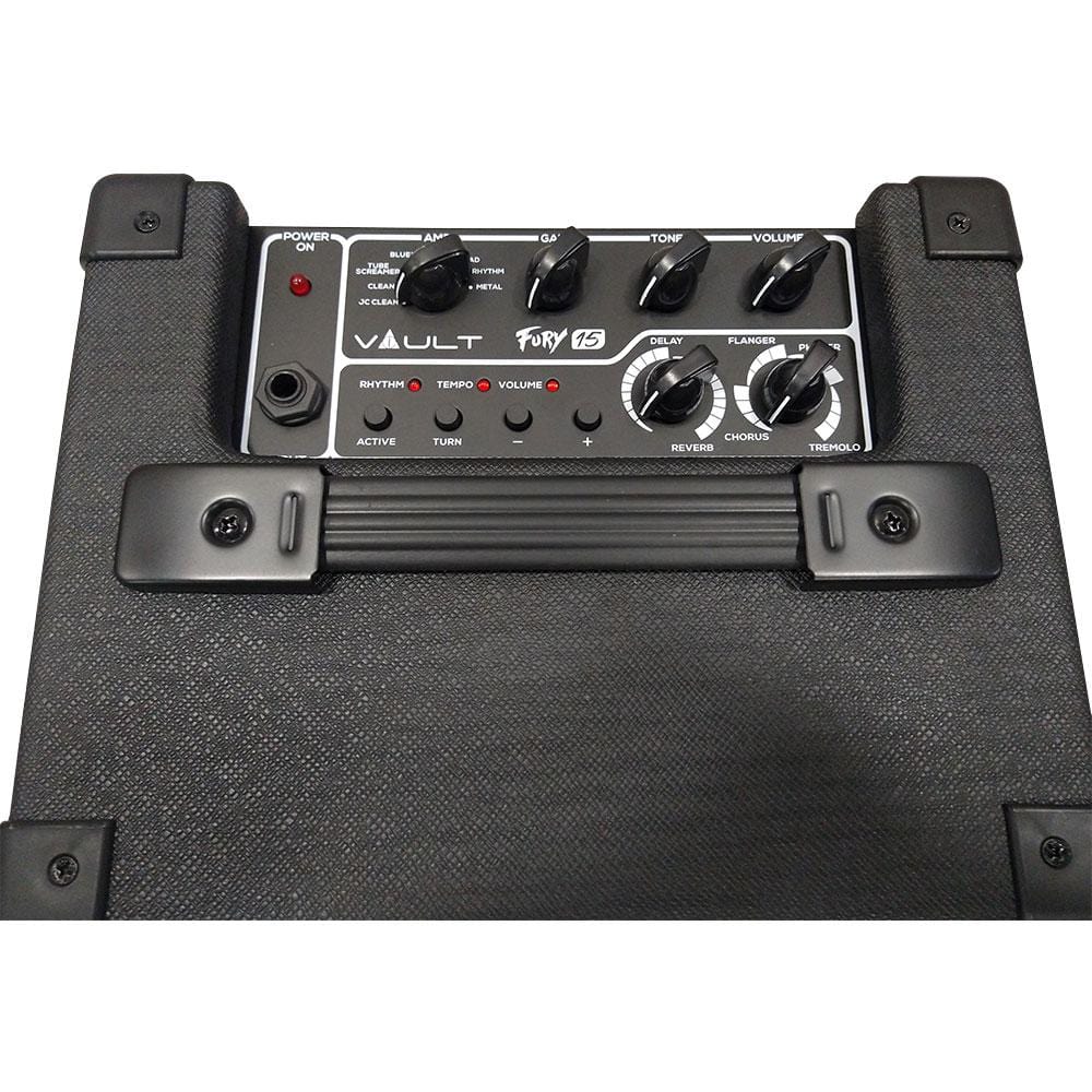 Vault Fury 15 Watt Digital Combo Guitar Amplifier with Effects and 36 pattern Drum Machine with Vault Buds Duo Dual Driver Earphones