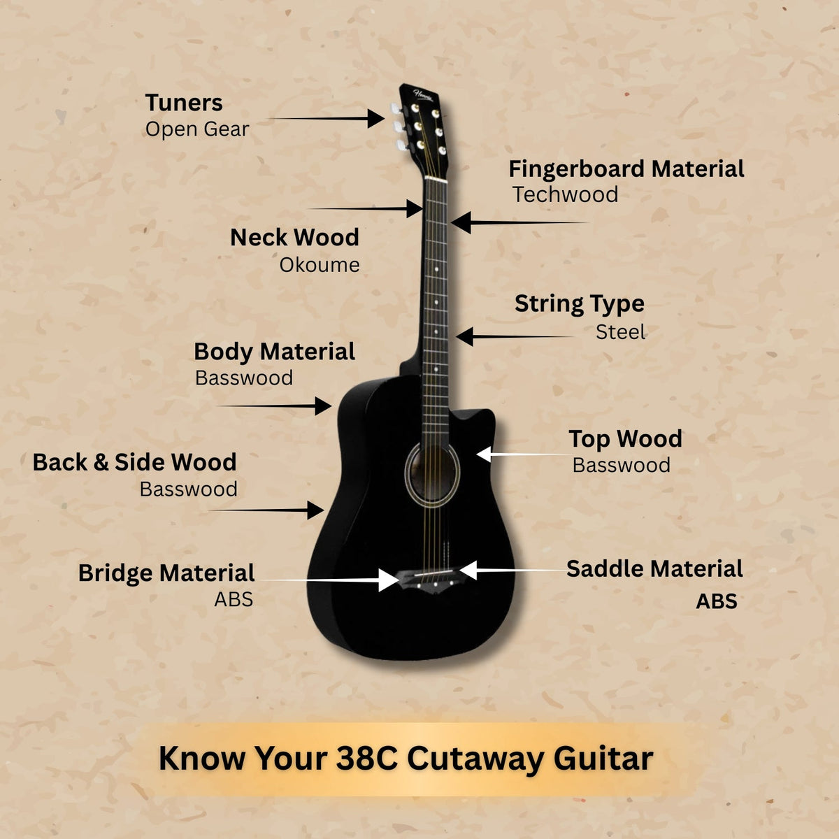 Henrix 38c 38 inch Cutaway Acoustic Guitar