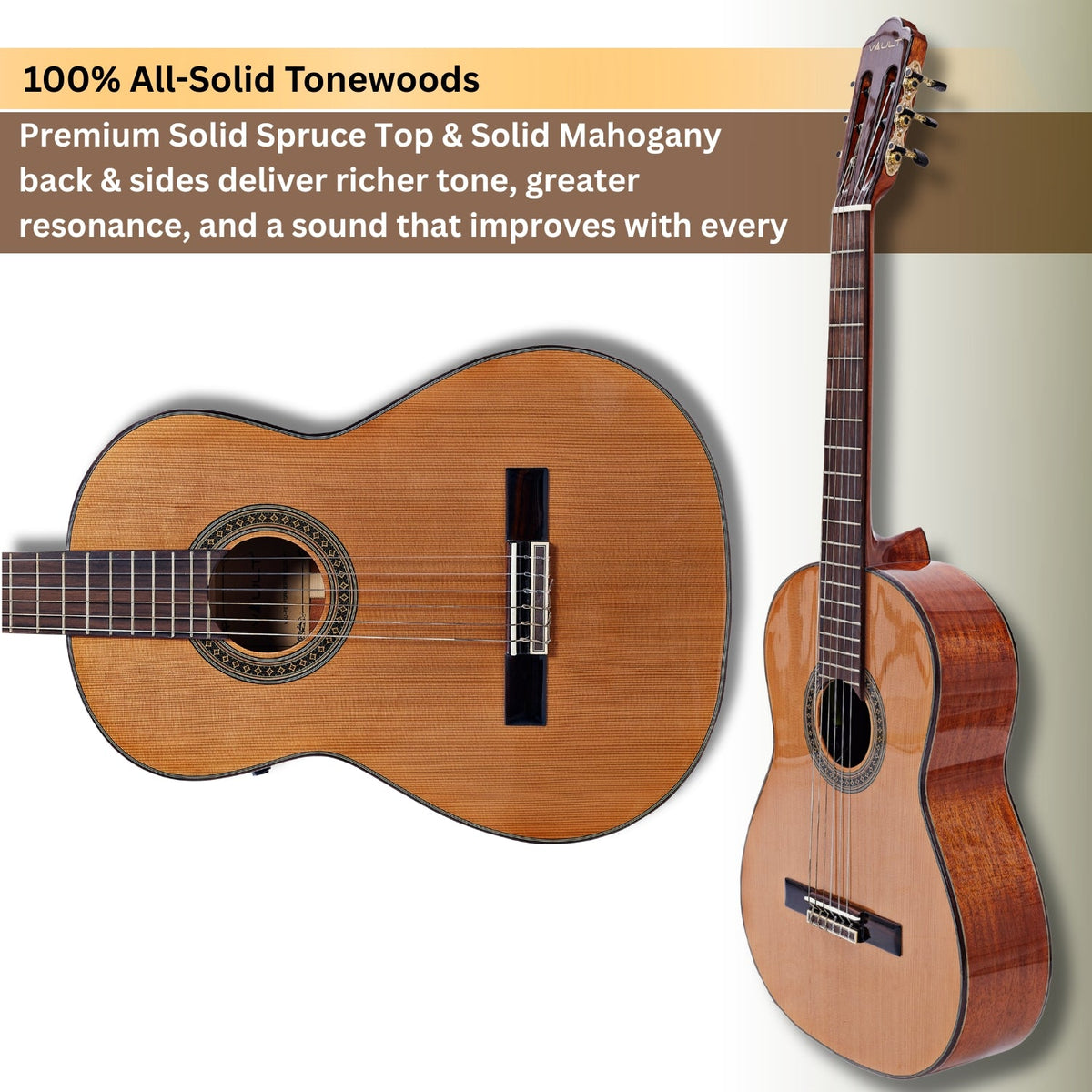 Vault Performer Pro Premium Classical Guitar with All Solid wood and Transacoustic EQ with Delay, Reverb, Chorus onboard effects and 25mm Paded Gigbag