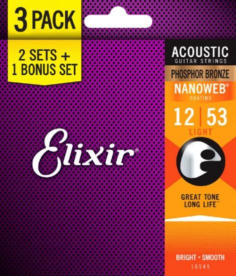 Elixir 16545 Nanoweb Phosphor Bronze Acoustic Guitar Strings Light - Pack Of 3 - 12-53