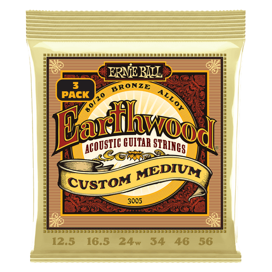 Ernie Ball 3005 Custom Medium Earthwood 80/20 Bronze Acoustic Guitar Strings 3 Pack - .12.5-.56