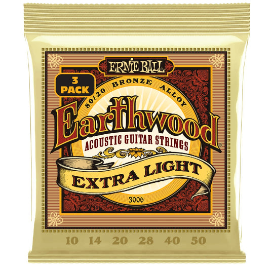 Ernie Ball 3006 Extra Light Earthwood 80/20 Bronze Acoustic Guitar Strings 3 Pack - .10-.50