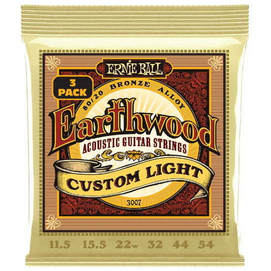 Ernie Ball 3007 Custom Light Earthwood 80/20 Bronze Acoustic Guitar String 3 Pack - .11.5-.54