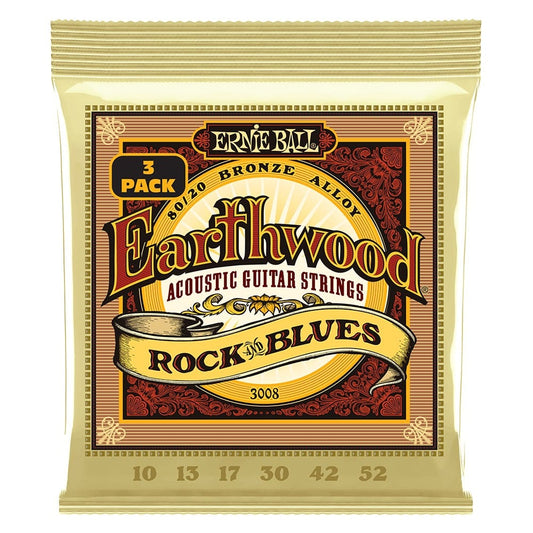 Ernie Ball 3008 Rock and Blues with Plain G Earthwood 80/20 Bronze Acoustic Guitar String 3 Pack - .10-.52