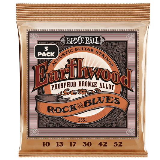 Ernie Ball 3551 Rock and Blues with Plain G Earthwood Phosphor Bronze Acoustic Guitar String 3 Pack - .10-.52
