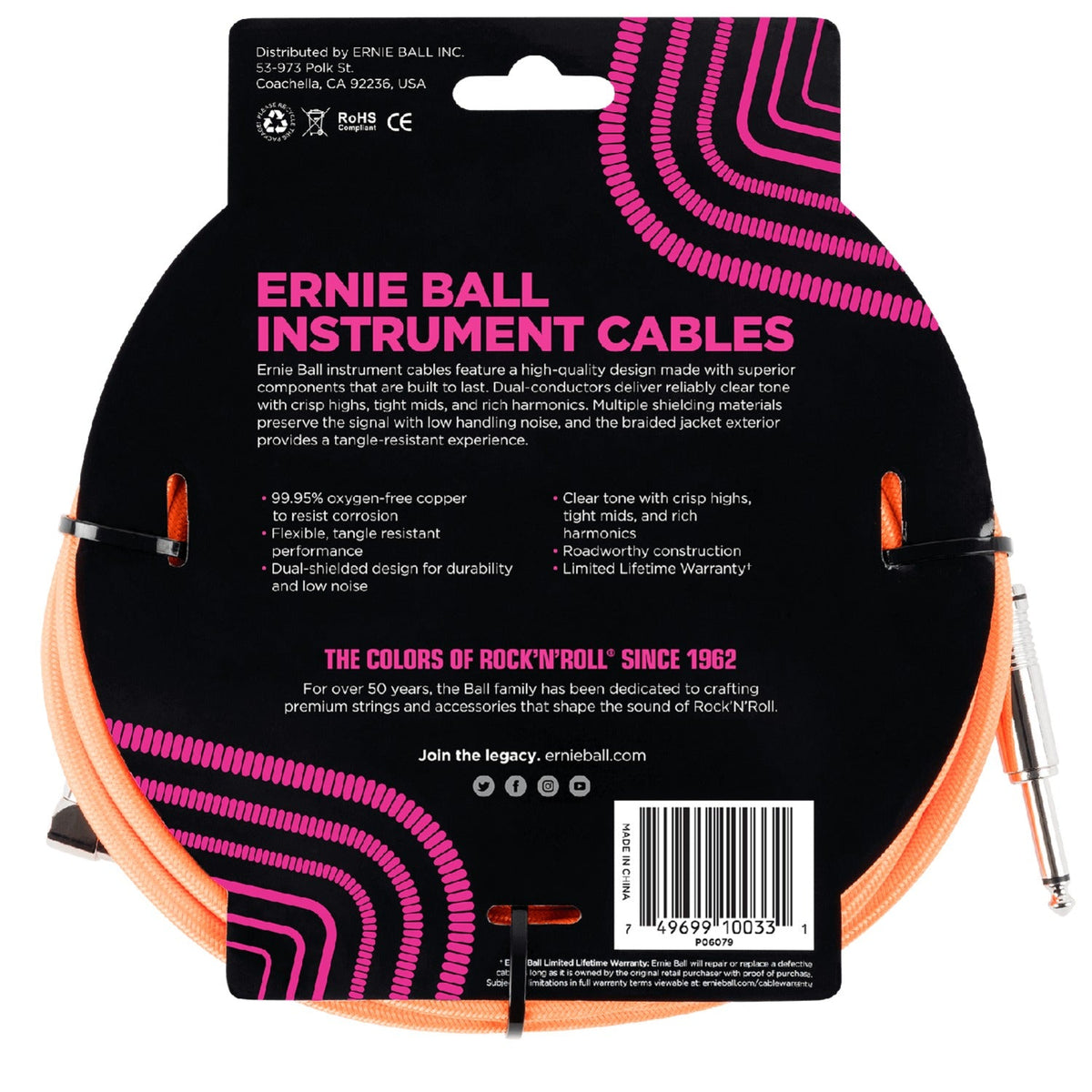 Ernie Ball 10' Braided Straight Angle Instrument Cable