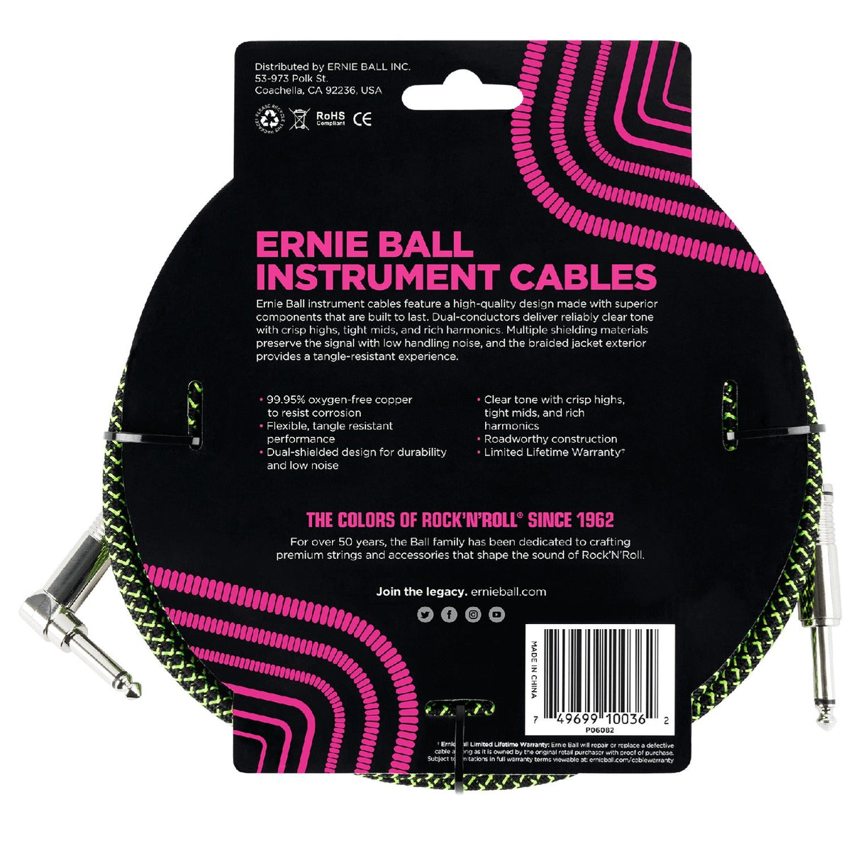 Ernie Ball 18' Braided Straight Angle Instrument Cable