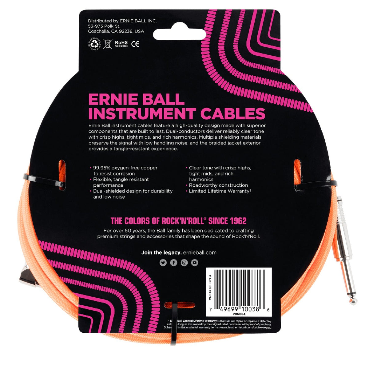 Ernie Ball 18' Braided Straight Angle Instrument Cable