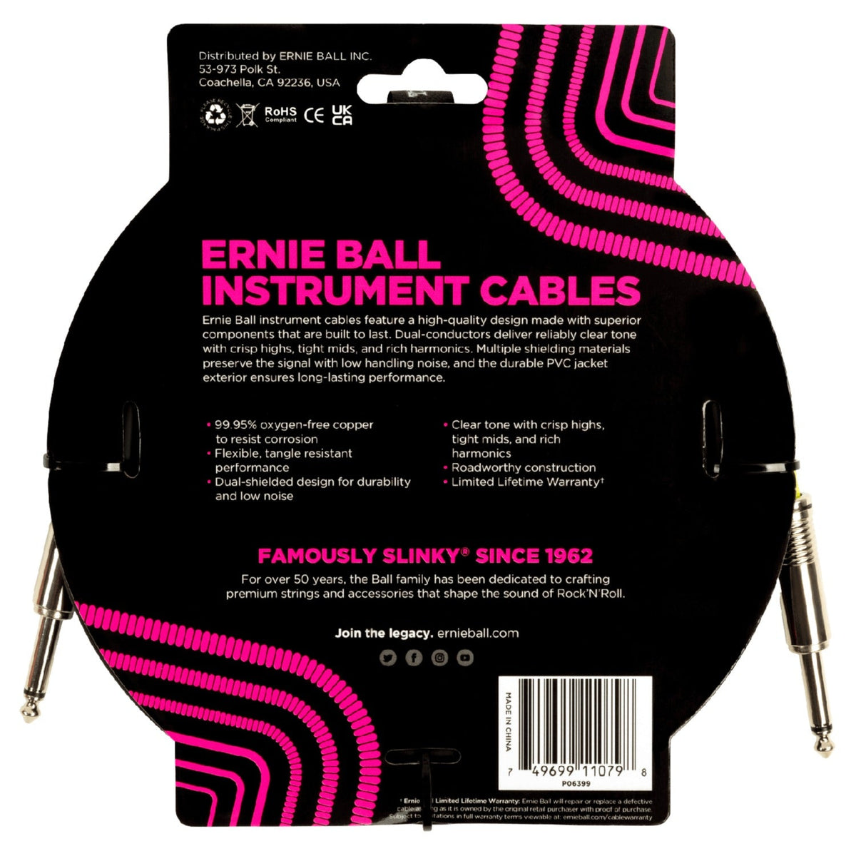 Ernie Ball 6399 15ft PVC Straight Instrument Cable - Black
