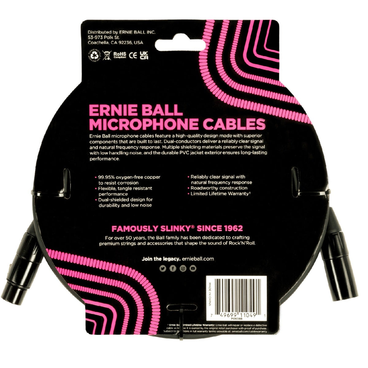 Ernie Ball 6388 20ft Male Female XLR Microphone Cable - Black