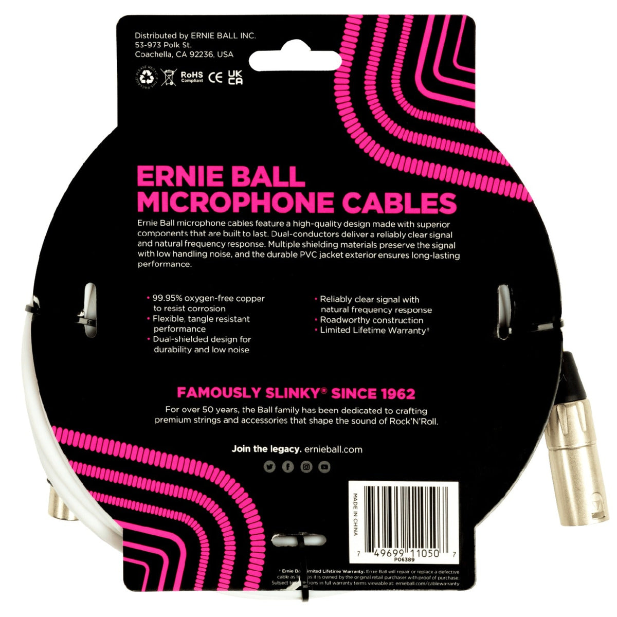 Ernie Ball 6389 20ft Male Female XLR Microphone Cable - White