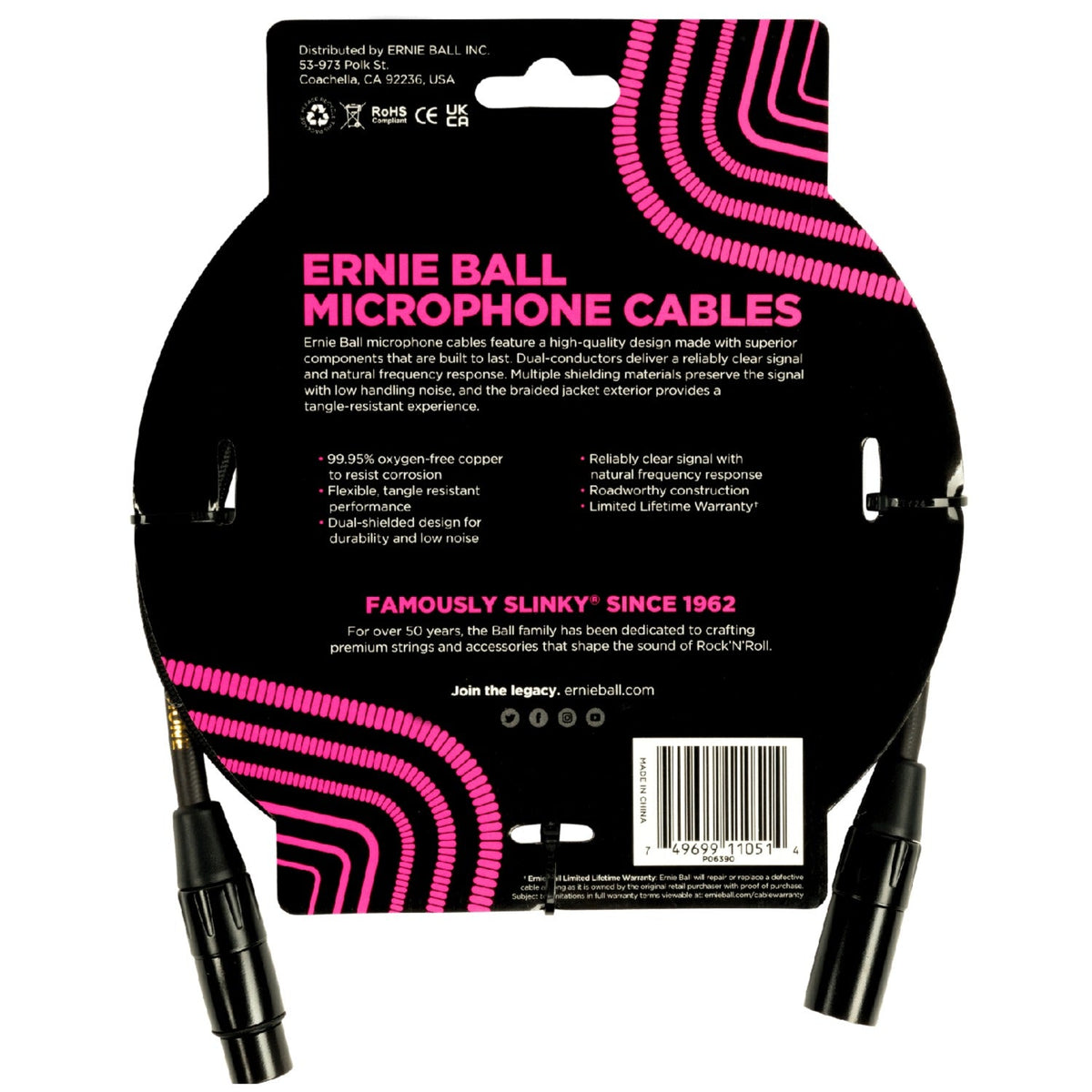Ernie Ball 6390 5ft Braided Male Female XLR Microphone Cable - Black