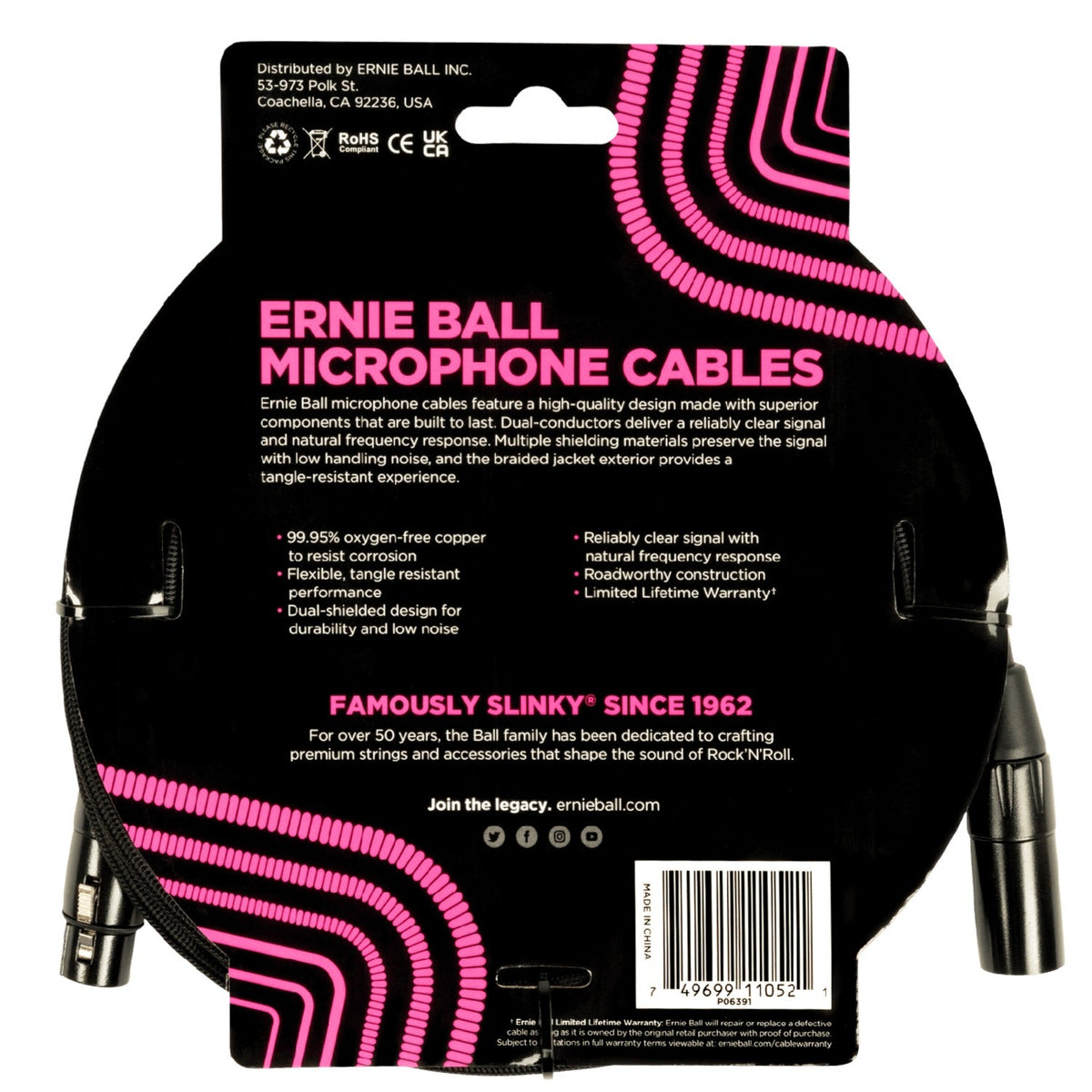 Ernie Ball 6391 15ft Braided Male Female XLR Microphone Cable - Black