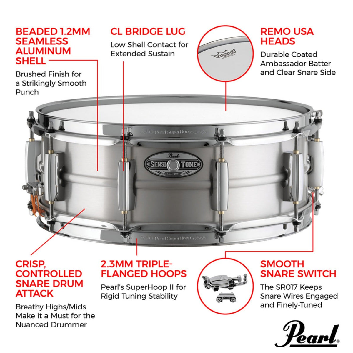Pearl Sensitone Heritage Alloy Aluminum Snare Drum