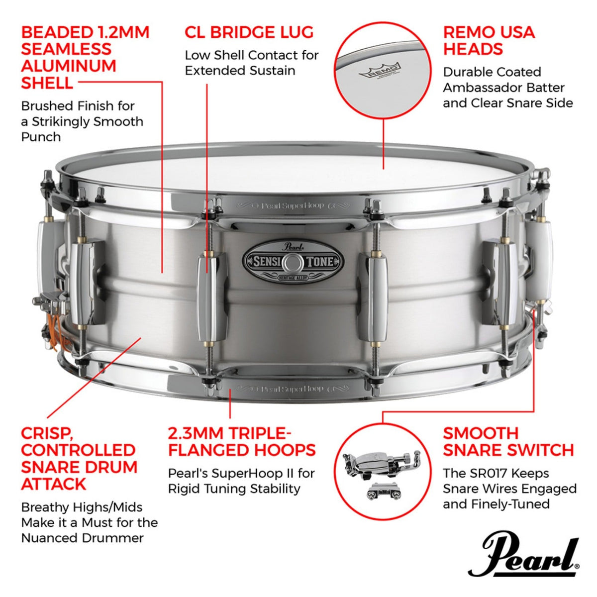 Pearl Sensitone Heritage Alloy Aluminum Snare Drum