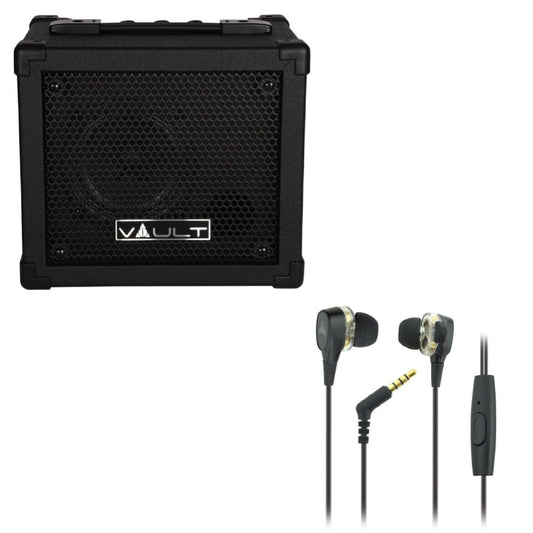 Vault Fury 15 Watt Digital Combo Guitar Amplifier with Effects and 36 pattern Drum Machine with Vault Buds Duo Dual Driver Earphones