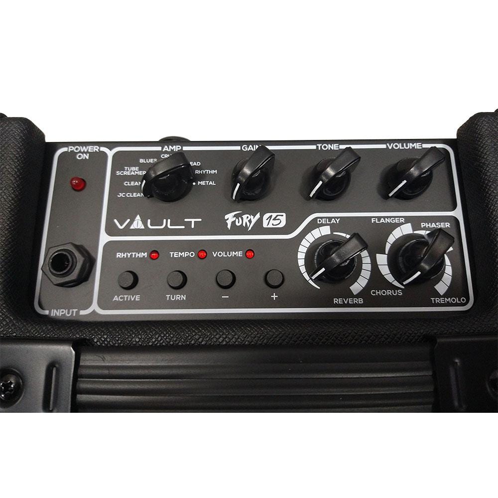 Vault Fury 15 Watt Digital Combo Guitar Amplifier with Effects and 36 pattern Drum Machine with Vault Buds Duo Dual Driver Earphones